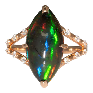 4.1Ct Black Opal Ring With Earth Mined Diamonds Accents: Solid 14k Gold, Size 6.75