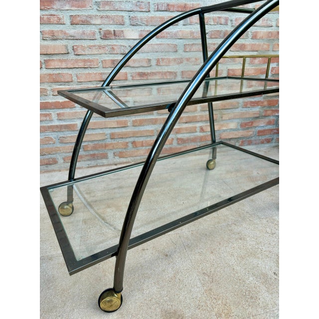 Late 20Th Century Serving Bar Cart in Brass and Glass with two shelves and wheels.