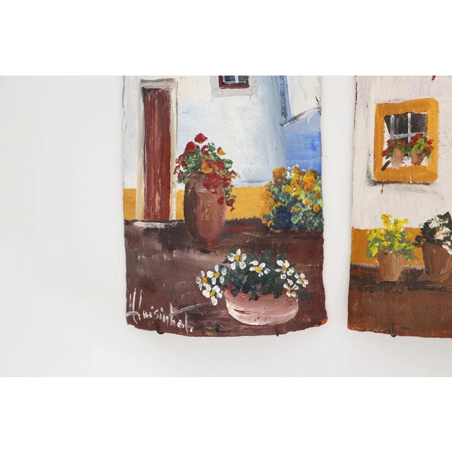 1950s 1950s Set of Two Rustic Painted Roof Tiles Depicting a Windmill and a House, Portuguese For Sale - Image 5 of 12