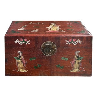 Oriental Mother of Pearl Graphic Reddish Brown Wood Trunk Chest Box For Sale