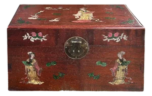 Oriental Mother of Pearl Graphic Reddish Brown Wood Trunk Chest Box