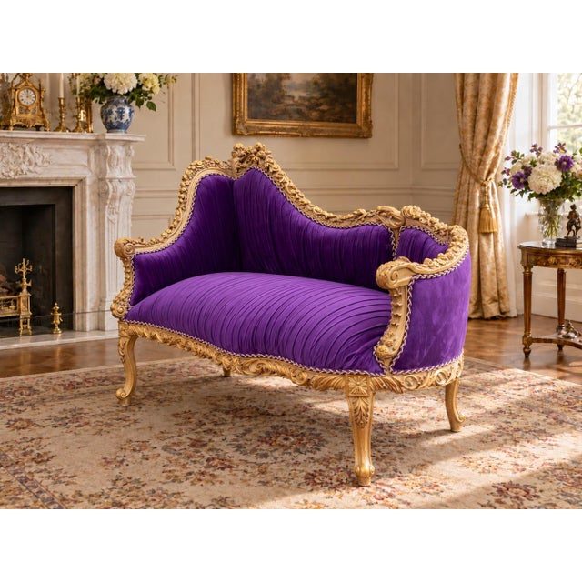 French Late20C Artisan Louis XVI Gold Purple Beech Settee For Sale - Image 3 of 10