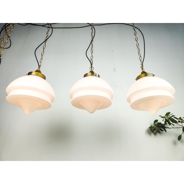 Giso Opaline Glass and Brass Pendant Lights from Gispen, 1920s, Set of 3 For Sale - Image 3 of 8