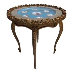 19th Century French Gilt Carved Wood Table With Antique Sevres Porcelain Charger of Louis XVI