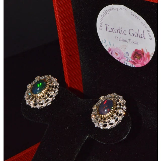 Certified Natural 4.41Cts VS F Diamond Black Opal 18K Solid Gold Cocktail Earrings, A Pair For Sale - Image 10 of 10