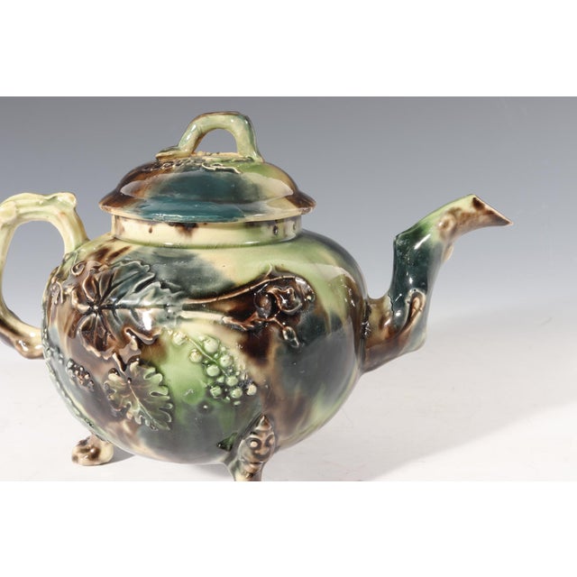 Mid 18th Century Whieldon-Type Creamware Tortoiseshell Teapot With Grape Vine Relief and Crabstock Handle, Staffordshire For Sale - Image 11 of 14