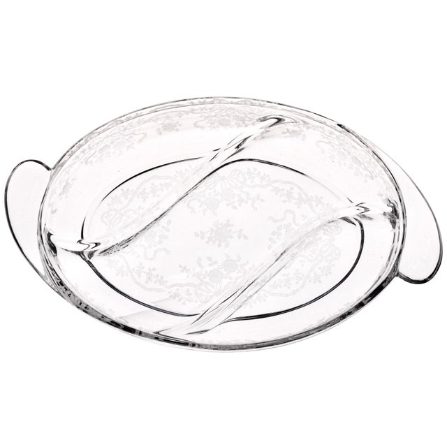 Large 12 inch vintage Fostoria etched Elegant Glass divided three section serving dish in the Romance pattern (1942-1971).