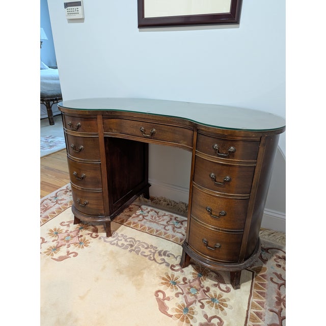 Vintage Kidney Shaped Double Pedestal Mahogany Desk For Sale In Raleigh - Image 6 of 18