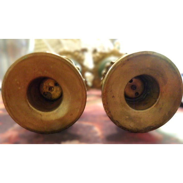 Metal Antique Ornate Brass & Etched Enamel Baroque Rococo Revival Candle Holders For Sale - Image 7 of 8