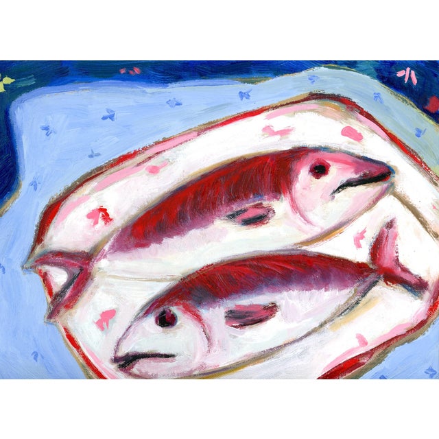 Hockney Inspired, Two Fish on Blue, Still Life Pop Art Oil Painting by Alexandra Swistak For Sale - Image 6 of 7