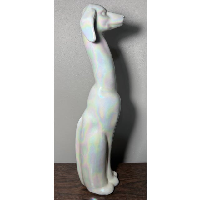Mid-Century Modern Vintage 1950’s American Mid Century Modern Usa Pottery Iridescent White Crackle Glazed Ceramic Greyhound Dog Sculpture (#508) For Sale - Image 3 of 7