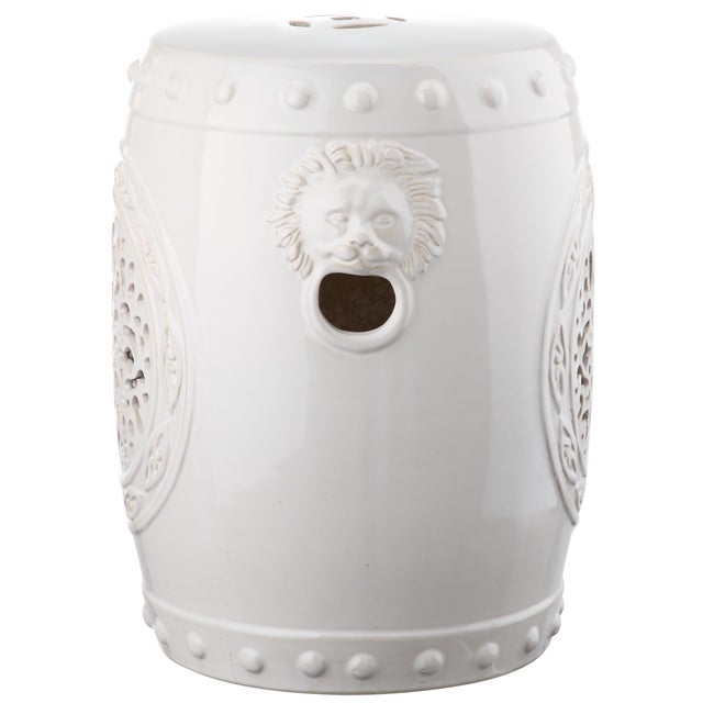 Global influences abound in the cream-toned glazed ceramic Flower Drum indoor-outdoor garden stool. Classic Chinese vessel...