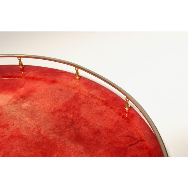 Large Italian Modernist Round Tray in Brass and Dyed Red Goatskin by Aldo Tura For Sale - Image 9 of 18