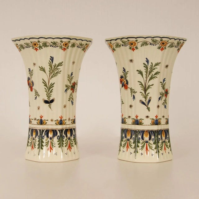 1950s Vintage Royal Delft Beaker Vases Dutch Hand Painted Polychrome Earthenware Delftware Vases - a Pair For Sale - Image 5 of 10