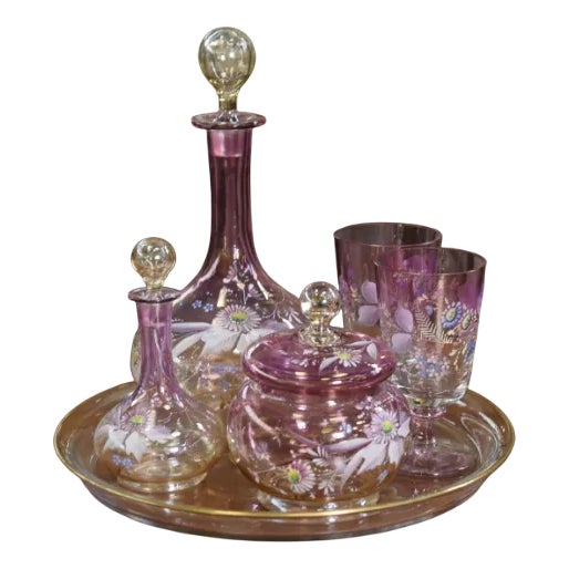 Pink Blown Glass Carafes and Glasses, 1950s, Set of 6 For Sale