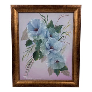Vintage Original Blue Hibiscus Floral Painting For Sale