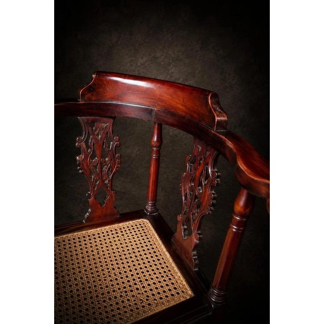 Chippendale Carved Mahogany Corner Chairs with Cane Seats and Cushions, 1890s, Set of 2 For Sale - Image 6 of 9