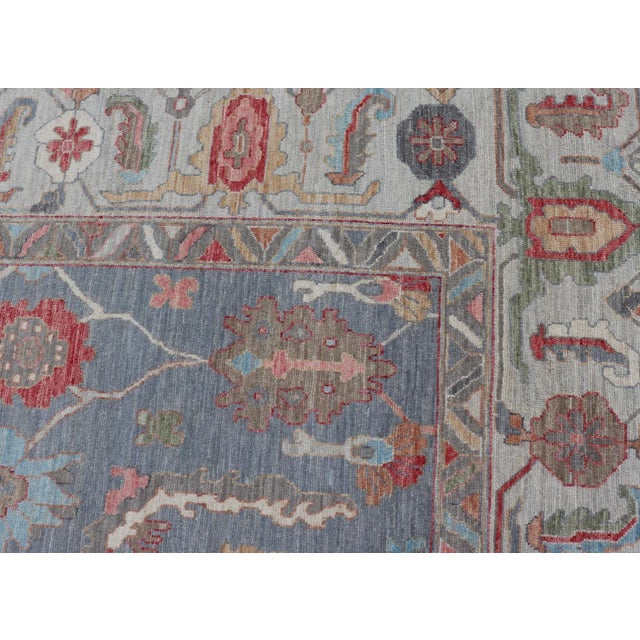 Textile Large Modern Oushak Design With All-Over Multi Colored Floral Design in Wool For Sale - Image 7 of 13
