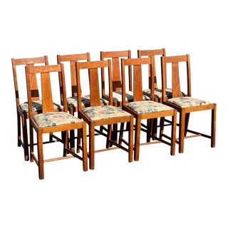 Early 20th Century Set of 8 Antique Arts & Crafts Oak Dining Chairs With Tapered Splats For Sale
