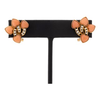 Vintage Modernist 14k Yellow Gold and Coral Diamond Earrings For Sale