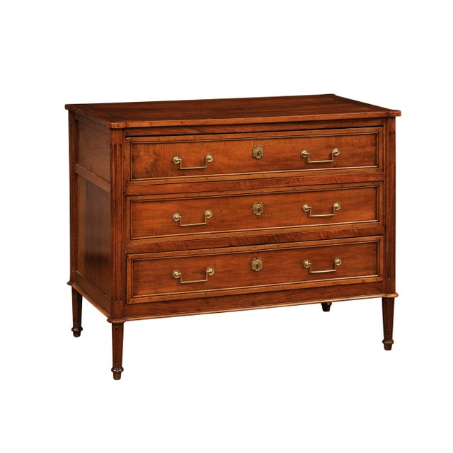 Late 18th Century French Louis XVI Period 1790s Walnut Three Drawer Commode with Fluted Side Posts For Sale - Image 5 of 12