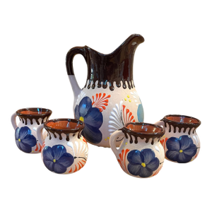 1980s Jarro De Barro Terra Cotta Clay Pottery Art Pitcher - Set of 4 Cups
