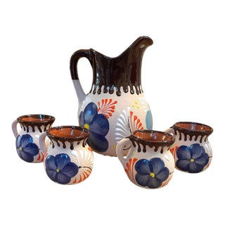 Jarro De Barro • Terra Cotta Clay Pottery Art • Pitcher • Set of 4 Cups For Sale