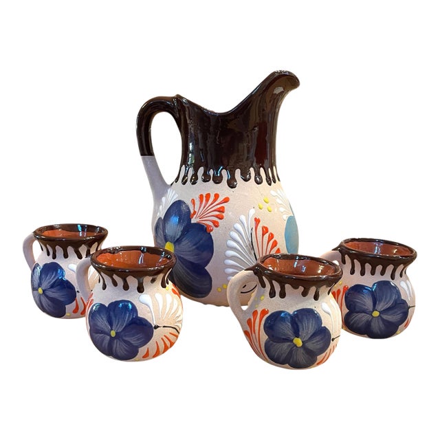 Jarro De Barro • Terra Cotta Clay Pottery Art • Pitcher • Set of 4 Cups For Sale