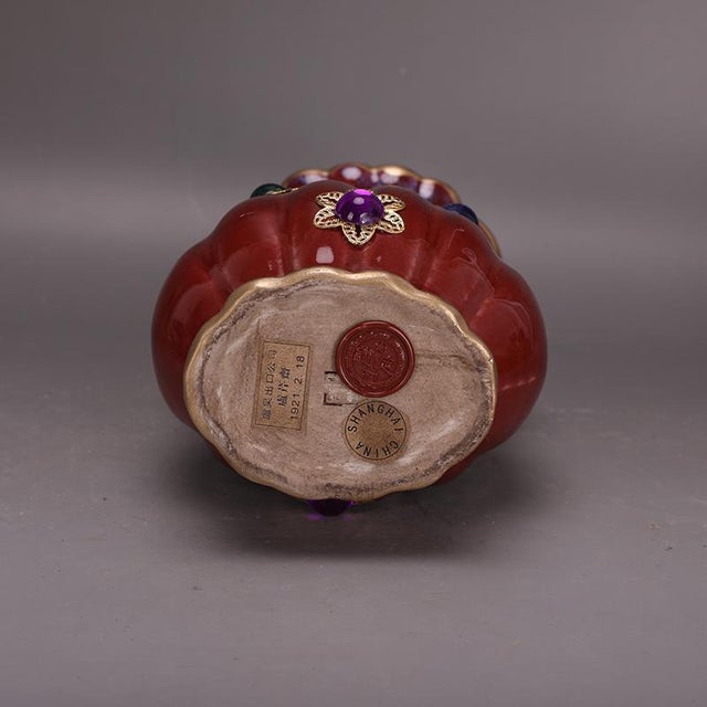 1960s Oxblood Red Fluted Ceramic Vase With Gilt Elephant Head Handles and Jewel Inlays For Sale - Image 4 of 5