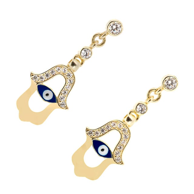 Contemporary Blue Enamel Evil Eye Gold Plated Hamsa Earrings, A Pair For Sale - Image 3 of 7