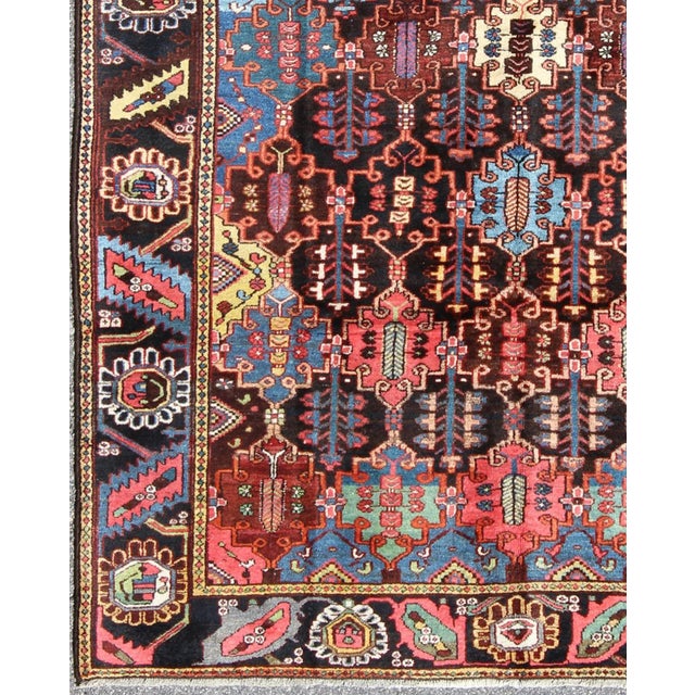 Antique Persian Bakhtiari Rug in Charcoal, Brown, Blue, Yellow and Green For Sale - Image 4 of 9