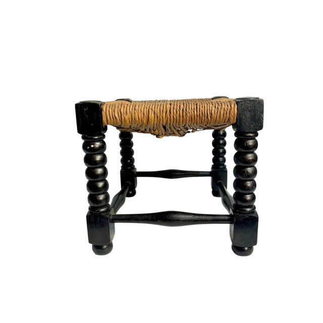 Early 20th Century Antique English Jacobean Style Country Woven Rush Seat Stool With Bobbin Legs For Sale - Image 5 of 16