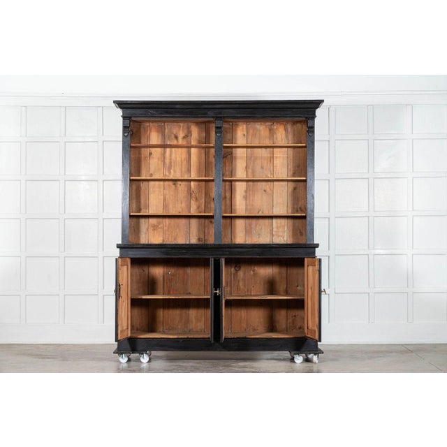 Antique circa 1870 19thc oak & pine open bookcase / dresser with original brass t bar handles and hardware. (2 parts)...