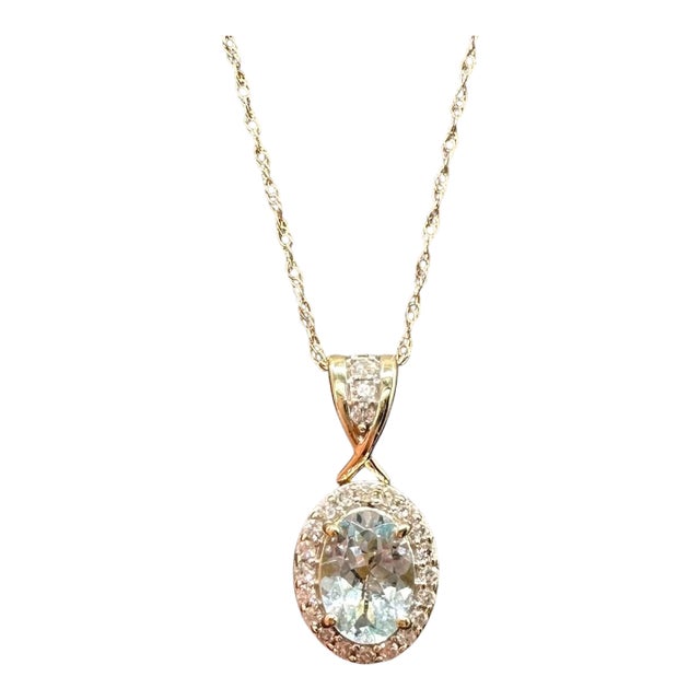 Aquamarine Diamond Pendant Necklace 10kt Yellow Gold 0.15ctw 18in New For Sale
