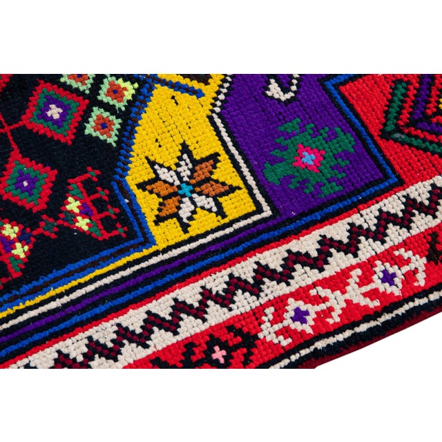 1960s Vintage Turkish Handmade Multicolor Tribal Pattern Red Wool Runner For Sale - Image 5 of 10