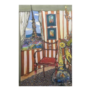 Mid Century European Water Colors Silk Painting Matisse Style Signed Multicolors For Sale