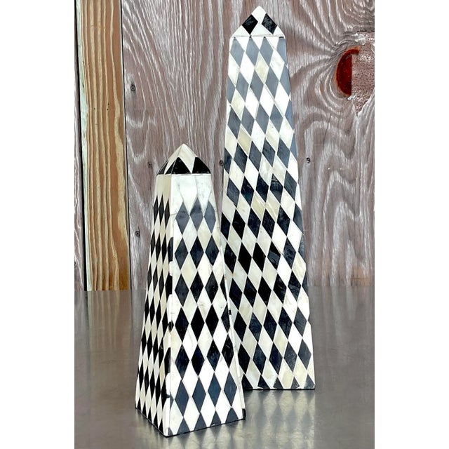 A stunning pair of vintage Boho obelisks. Beautiful tessellated stone in a Harlequin design. Two sizes for extra...