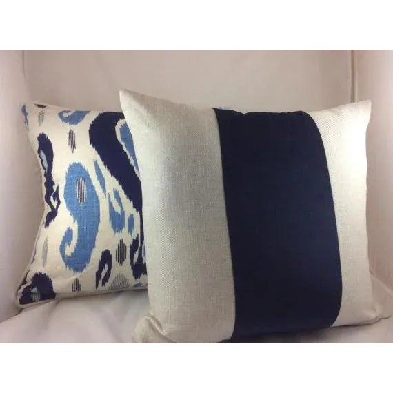 Contemporary Custom Oatmeal Linen & Midnight Blue Mohair Stripe Pillows - a Pair For Sale - Image 3 of 6