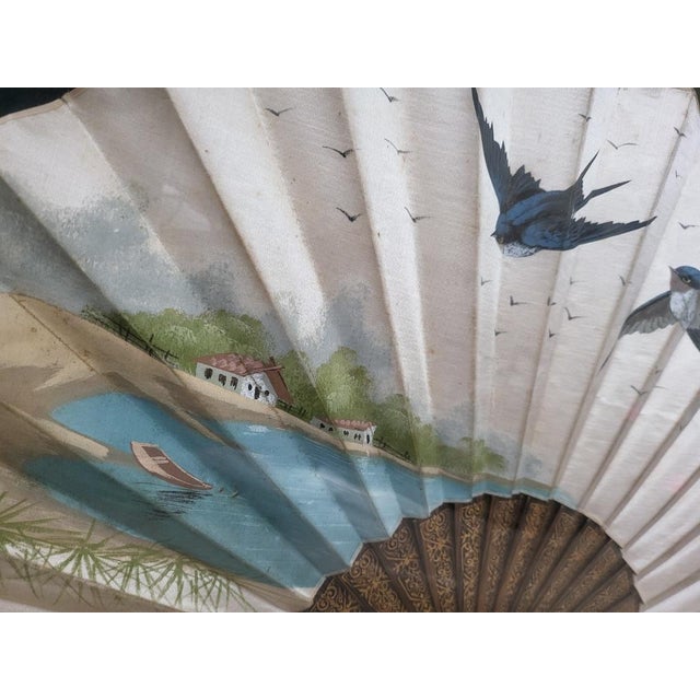 1910s Vintage Framed Jinpra Swallow Hand Fan in Gilded Semi-Oval Shadow Box For Sale - Image 5 of 6