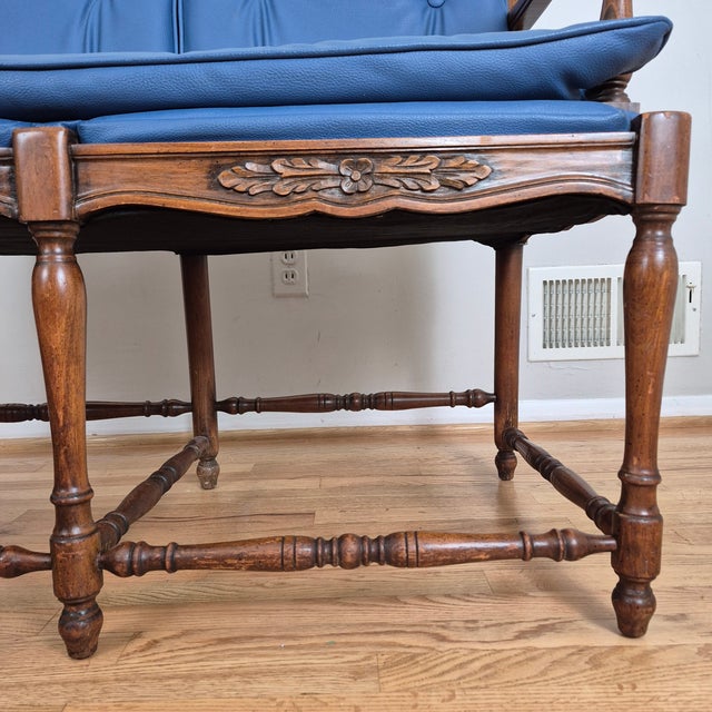 Mid 20th Century French Country Petite Walnut Ladder Back Settee Bench W/ Blue Faux Leather Cushions For Sale - Image 4 of 14
