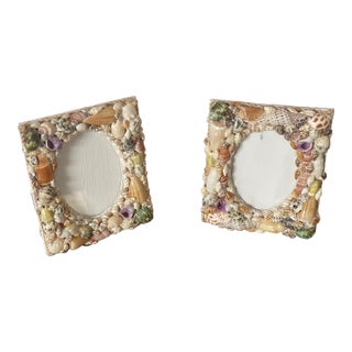 Pair of Vintage Sea Shell Encrusted Photo Frames For Sale