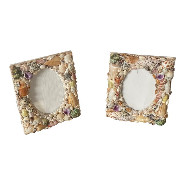 Pair of Vintage Sea Shell Encrusted Photo Frames For Sale