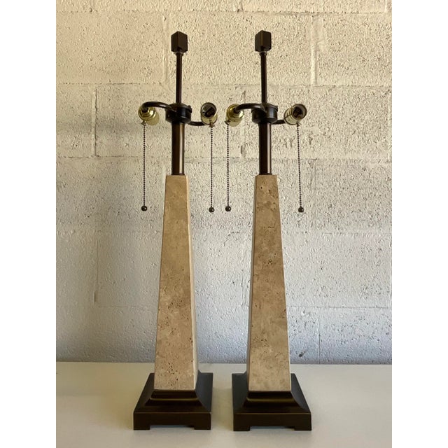 Contemporary Vintage Hollywood Regency Coquina Stone Obelisk Lamps – A Pair For Sale - Image 3 of 12