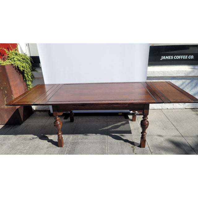English Antique 1930s Rustic Spanish Jacobean Dining Table Draw Leaf 8 Feet Open For Sale - Image 3 of 9