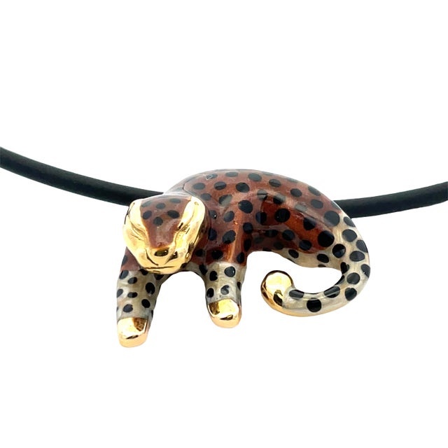 14k Yellow Gold Enamel Cheetah Pendant Necklace For Sale - Image 4 of 6