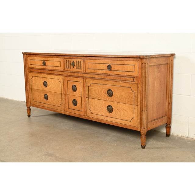 French Baker Furniture French Regency Louis XVI Carved Walnut Triple Dresser or Credenza, Circa 1960s For Sale - Image 3 of 17