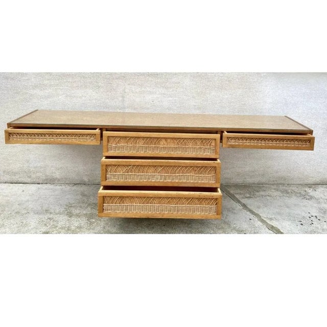 Five-Drawer Desk in Wood and Rattan, 1970s For Sale - Image 3 of 11