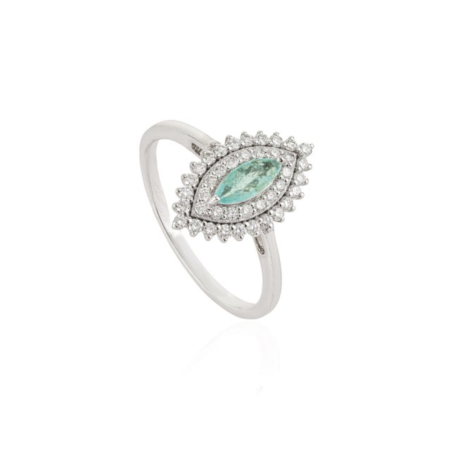 VR Jewels 18k Gold Marquise Cut Paraiba Tourmaline Ring With Double Halo Diamonds Size 4 For Sale - Image 4 of 18