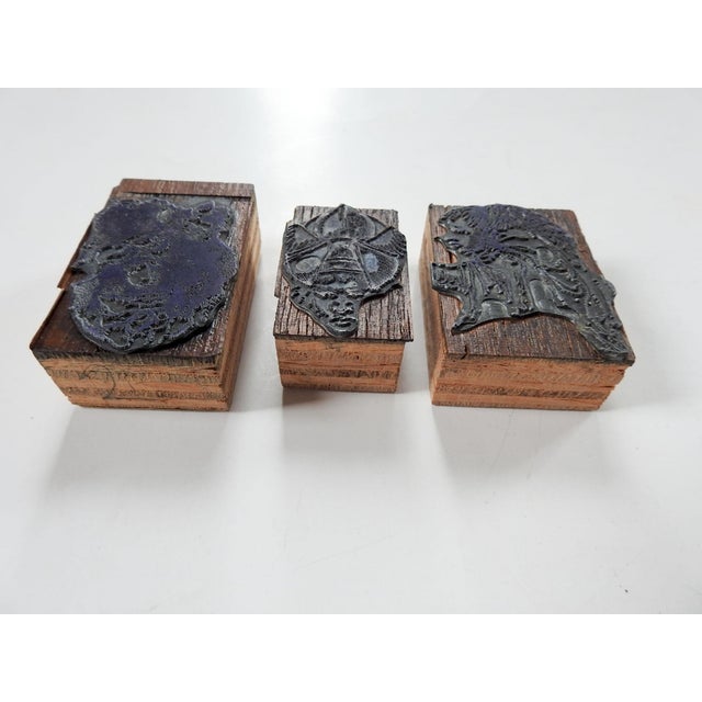 Mid 20th Century Mid Century Etched Metal & Wood Print Blocks Turban Faces Wings - Set of 3 For Sale - Image 5 of 6