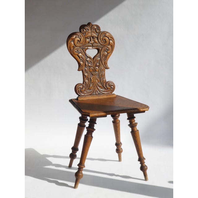 Antique Alpine Folk Art Oak Chair with Carved Face Mask For Sale - Image 5 of 10
